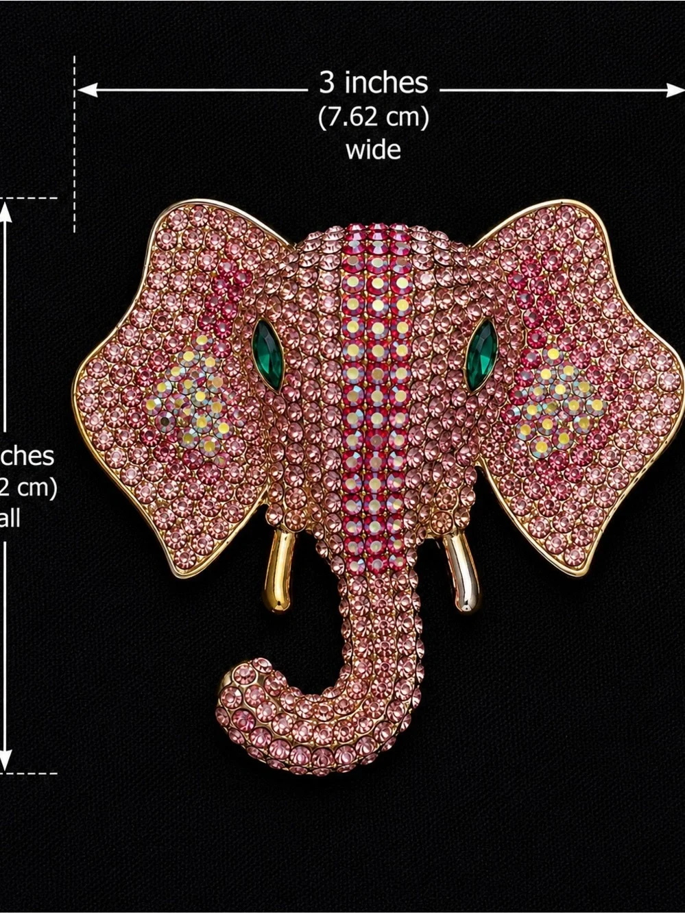 Pink Crystal Elephant Brooch with Green Eye Accents